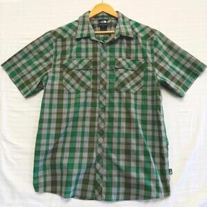 The North Face Green Gray Plaid Short Sleeve Button Shirt Men's Large Outdoor